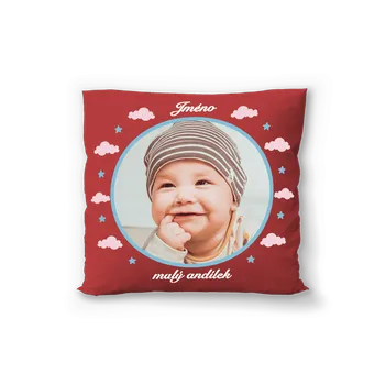 Polštář Červený polštář s vlastní fotografií. Motiv malý andílek s vlastní fotografií.