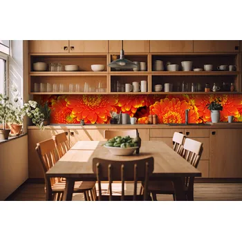 Tapeta DIMEX | Fototapeta do kuchyně Gerbera KI-420-059| 420 x 60 cm | červená, oranžová + Samolepicí fototapeta za kuchyňskou linku DIMEX Gerbera v šíři 420 cm