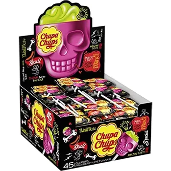 Bonbon Lízátko ChupaChups SKULL 3D 15 g - lízátko LEBKA - jahoda & limetka - balení 45 ks (lízátko s náplní / lízátko mozek)