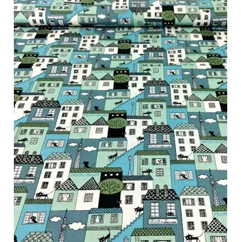 EU Bavlněná látka domky tyrkysové 1.399999976158142 m