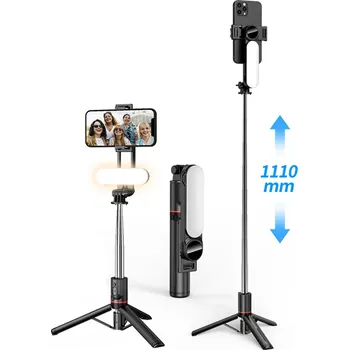 Selfie tyč Selfie tyč Tripod Techsuit (L15) – Přenosný stabilní stativ, Odnímatelné LED světlo s bezdrátovým dálkovým ovládáním, 114 cm – Černá