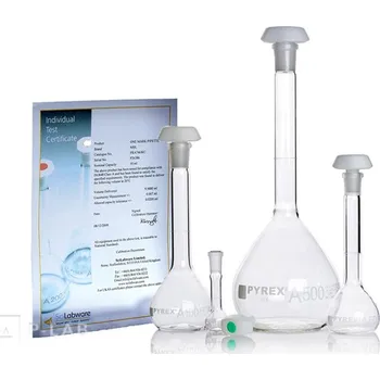 Baňka odměrná třídy A s PE zátkou a certifikátem | PYREX® (Objem (ml): 5 000, Přesnost (ml): &plusmn1,200, Výška (mm): 475, NZ: 34/35, Balení (ks): 1)