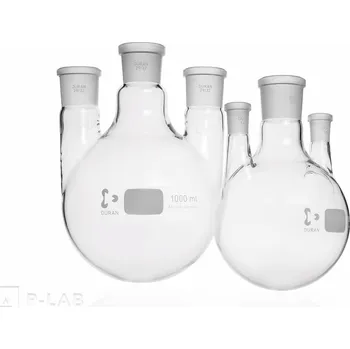 Baňka s kulatým dnem a třemi svislými tubusy se zábrusem | DURAN® (Objem (ml): 100, Centrální zábrus NZ: 29/32, Postranní zábrusy NZ: 29/32 , Výška (mm): 105, Průměr baňky (mm): 64, Balení (ks): 1)