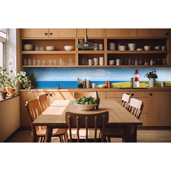 Tapeta DIMEX | Fototapeta do kuchyně Maják na pláži KI-420-119| 420 x 60 cm | zelená, modrá, červená + Samolepicí fototapeta za kuchyňskou linku DIMEX Maják na pláži v šíři 420 cm