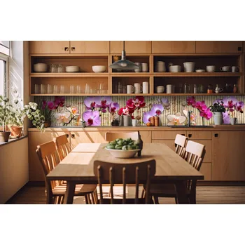 Fototapeta DIMEX | Fototapeta do kuchyně Orchidej KI-420-026| 420 x 60 cm | fialová, béžová, růžová + Samolepicí fototapeta za kuchyňskou linku DIMEX Orchidej v šíři 420 cm
