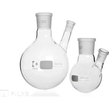 Baňka s kulatým dnem a dvěma tubusy se zábrusem | DURAN® (Objem (ml): 250, Centrální zábrus NZ: 29/32, Postranní zábrus NZ: 14/23 , Výška (mm): 140, Průměr baňky (mm): 85, Balení (ks): 1)