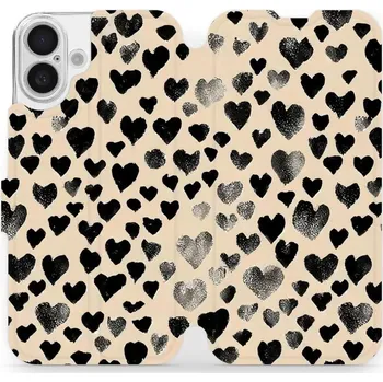Pouzdro na mobilní telefon Flipové pouzdro Mobiwear - Apple iPhone 16 Plus - VA51S Černá srdíčka (Knížkové flip pouzdro, obal, kryt na mobil Apple iPhone 16 Plus - VA51S Černá srdíčka, materiál Umělá kůže + TPU - ochrana 360°, stojánek, silikonová vanička, magnetické zavírání)