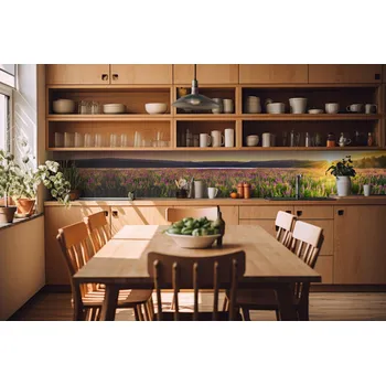 Tapeta DIMEX | Fototapeta do kuchyně Západ slunce na louku KI-420-145| 420 x 60 cm | zelená, fialová, žlutá + Samolepicí fototapeta za kuchyňskou linku DIMEX Západ slunce na louku v šíři 420 cm