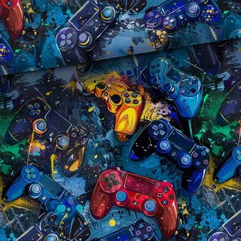 Úplet Barevné herní ovladače na modré (E) (Hebké bavlněné úplety s elastanem )