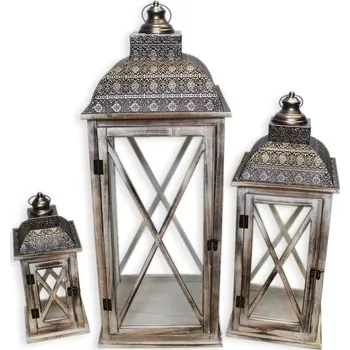 Vánoční dekorace Lucerna dřevo/sklo 81cm, 61cm, 39 cm - 3 ks