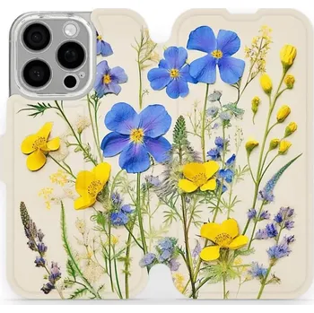 Pouzdro na mobilní telefon Flipové pouzdro Mobiwear - Apple iPhone 16 Pro - VP41S Modré a žluté kvítky (Knížkové flip pouzdro, obal, kryt na mobil Apple iPhone 16 Pro - VP41S Modré a žluté kvítky, materiál Umělá kůže + TPU - ochrana 360°, stojánek, silikonová vanička, magnetické)