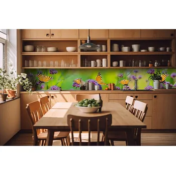 Tapeta DIMEX | Fototapeta do kuchyně Motýli KI-420-113| 420 x 60 cm | zelená, fialová, oranžová + Samolepicí fototapeta za kuchyňskou linku DIMEX Motýli v šíři 420 cm