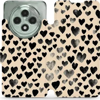 Pouzdro na mobilní telefon Flipové pouzdro Mobiwear - Oppo Reno12 FS 5G - VA51S Černá srdíčka (Knížkové flip pouzdro, obal, kryt na mobil Oppo Reno12 FS 5G - VA51S Černá srdíčka, materiál Umělá kůže + TPU - ochrana 360°, stojánek, silikonová vanička, magnetické zavírání)