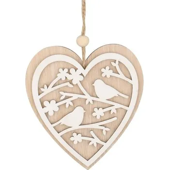 Srdíčko dřevěné s ptáčky k zavěšení 12 cm