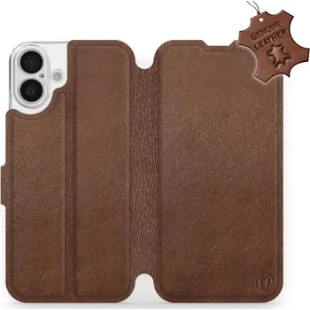 Pouzdro na mobilní telefon Kožené flip pouzdro Mobiwear - Apple iPhone 16 Plus - Hnědé (Kožené knížkové pouzdro, obal, kryt na mobil Apple iPhone 16 Plus, Hnědé, materiál Genuine Leather, ochrana 360°, stojánek, silikonová vanička, magnetické zavírání)