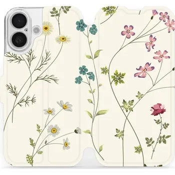 Pouzdro na mobilní telefon Flipové pouzdro Mobiwear - Apple iPhone 16 - MD03S Tenké rostlinky s květy (Knížkové flip pouzdro, obal, kryt na mobil Apple iPhone 16 - MD03S Tenké rostlinky s květy, materiál Umělá kůže + TPU - ochrana 360°, stojánek, silikonová vanička, magnetické)