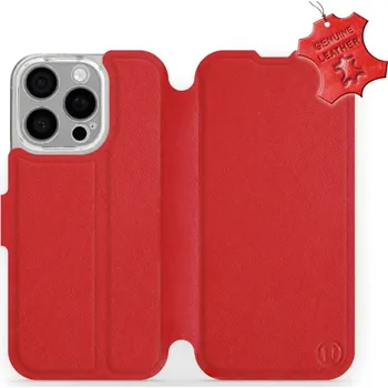 Telefonní příslušenství Kožené flip pouzdro Mobiwear - Apple iPhone 16 Pro - Červené (Kožené knížkové pouzdro, obal, kryt na mobil Apple iPhone 16 Pro, Červené, materiál Genuine Leather, ochrana 360°, stojánek, silikonová vanička, magnetické zavírání)