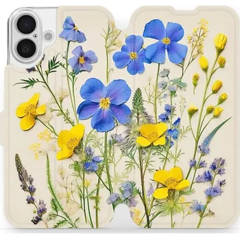 Pouzdro na mobilní telefon Flipové pouzdro Mobiwear - Apple iPhone 16 Plus - VP41S Modré a žluté kvítky (Knížkové flip pouzdro, obal, kryt na mobil Apple iPhone 16 Plus - VP41S Modré a žluté kvítky, materiál Umělá kůže + TPU - ochrana 360°, stojánek, silikonová vanička, magnetické)