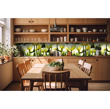 Fototapeta DIMEX | Fototapeta do kuchyně Bílé tulipány KI-420-009| 420 x 60 cm | zelená, bílá, žlutá + Samolepicí fototapeta za kuchyňskou linku DIMEX Bílé tulipány v šíři 420 cm