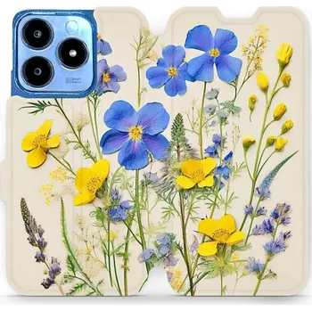 Pouzdro na mobilní telefon Flipové pouzdro Mobiwear - Realme C63 - VP41S Modré a žluté kvítky (Knížkové flip pouzdro, obal, kryt na mobil Realme C63 - VP41S Modré a žluté kvítky, materiál Umělá kůže + TPU - ochrana 360°, stojánek, silikonová vanička, magnetické zavírání)