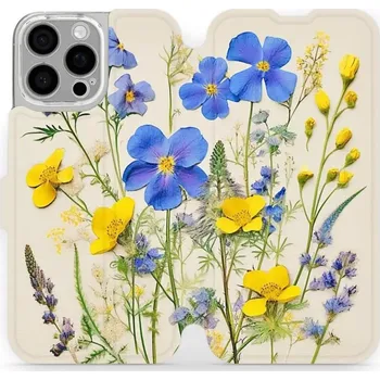 Pouzdro na mobilní telefon Flipové pouzdro Mobiwear - Apple iPhone 16 Pro Max - VP41S Modré a žluté kvítky (Knížkové flip pouzdro, obal, kryt na mobil Apple iPhone 16 Pro Max - VP41S Modré a žluté kvítky, materiál Umělá kůže + TPU - ochrana 360°, stojánek, silikonová vanička,)