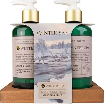 Péče o ruce Winter Spa set péče o ruce s vůní zázvoru a máty na dřevěném tácku 2 x 290 ml