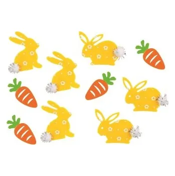 Velikonoční dekorace Zajíci a mrkve s lepíkem 4 cm, 10 ks v balení