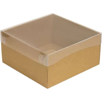 Dárková krabička s průhledným víkem 200x200x100/35 mm, kraftová - hnědá