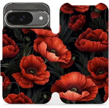 Pouzdro na mobilní telefon Flipové pouzdro Mobiwear - Google Pixel 9 - VP45S Temné červené květy (Knížkové flip pouzdro, obal, kryt na mobil Google Pixel 9 - VP45S Temné červené květy, materiál Umělá kůže + TPU - ochrana 360°, stojánek, silikonová vanička, magnetické zavírání)