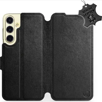 Pouzdro na mobilní telefon Kožené flip pouzdro Mobiwear - Samsung Galaxy S24 FE - Černé (Kožené knížkové pouzdro, obal, kryt na mobil Samsung Galaxy S24 FE, Černé, materiál Genuine Leather, ochrana 360°, stojánek, silikonová vanička, magnetické zavírání)