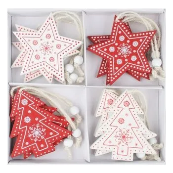 Dřevěné dekorace na zavěšení 8 cm, 12 ks v krabičce