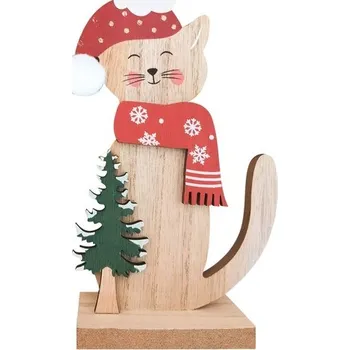 Vánoce Dřevěná kočka v čepici na postavení 21,5 cm