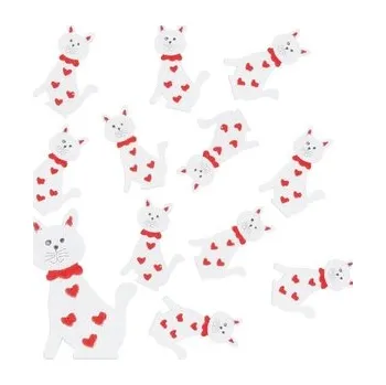 Kočka dřevěná s mašlí s lepíkem 4 cm 12 ks bílá