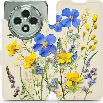 Pouzdro na mobilní telefon Flipové pouzdro Mobiwear - Oppo Reno12 FS 5G - VP41S Modré a žluté kvítky (Knížkové flip pouzdro, obal, kryt na mobil Oppo Reno12 FS 5G - VP41S Modré a žluté kvítky, materiál Umělá kůže + TPU - ochrana 360°, stojánek, silikonová vanička, magnetické zavírá