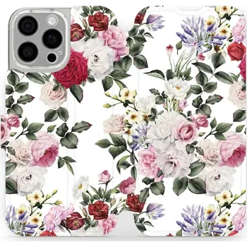 Pouzdro na mobilní telefon Flipové pouzdro Mobiwear - Apple iPhone 16 Pro Max - MD01S Růže na bílé (Knížkové flip pouzdro, obal, kryt na mobil Apple iPhone 16 Pro Max - MD01S Růže na bílé, materiál Umělá kůže + TPU - ochrana 360°, stojánek, silikonová vanička, magnetické zavírání)