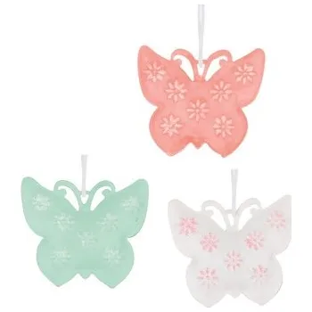 Velikonoční dekorace Motýl s kytičkami kovový na zavešení 6 ks, 4 cm pastelové barvy