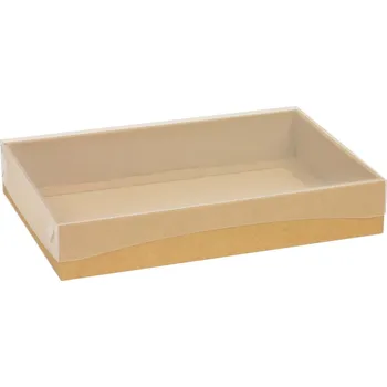 Dárková krabice s průhledným víkem 300x200x50/35 mm, hnědá - kraftová