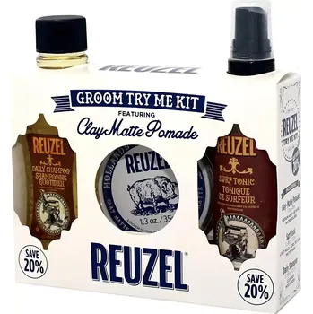 Stylingový přípravek Reuzel Clay Matt Pomade Groom Try Me Kit - Dárková sada s šamponem, matným jílem a stylingovým tonikem na vlasy