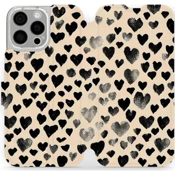 Pouzdro na mobilní telefon Flipové pouzdro Mobiwear - Apple iPhone 16 Pro Max - VA51S Černá srdíčka (Knížkové flip pouzdro, obal, kryt na mobil Apple iPhone 16 Pro Max - VA51S Černá srdíčka, materiál Umělá kůže + TPU - ochrana 360°, stojánek, silikonová vanička, magnetické zavírání