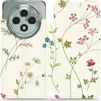 Pouzdro na mobilní telefon Flipové pouzdro Mobiwear - Oppo Reno12 FS 5G - MD03S Tenké rostlinky s květy (Knížkové flip pouzdro, obal, kryt na mobil Oppo Reno12 FS 5G - MD03S Tenké rostlinky s květy, materiál Umělá kůže + TPU - ochrana 360°, stojánek, silikonová vanička, magnetické)