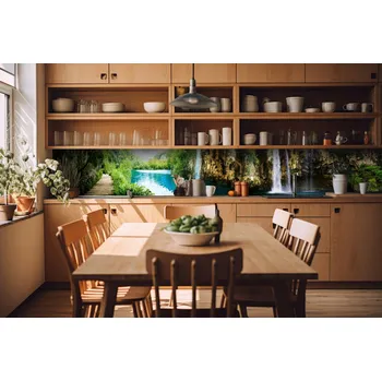 Fototapeta DIMEX | Fototapeta do kuchyně Relax v lese KI-420-034| 420 x 60 cm | zelená, modrá, hnědá + Samolepicí fototapeta za kuchyňskou linku DIMEX Relax v lese v šíři 420 cm