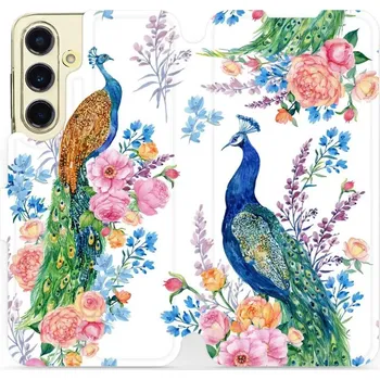 Pouzdro na mobilní telefon Flipové pouzdro Mobiwear - Samsung Galaxy S24 FE - MX08S Pávi (Knížkové flip pouzdro, obal, kryt na mobil Samsung Galaxy S24 FE - MX08S Pávi, materiál Umělá kůže + TPU - ochrana 360°, stojánek, silikonová vanička, magnetické zavírání)