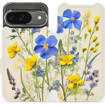 Pouzdro na mobilní telefon Flipové pouzdro Mobiwear - Google Pixel 9 - VP41S Modré a žluté kvítky (Knížkové flip pouzdro, obal, kryt na mobil Google Pixel 9 - VP41S Modré a žluté kvítky, materiál Umělá kůže + TPU - ochrana 360°, stojánek, silikonová vanička, magnetické zavírání)