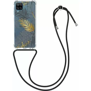 Pevné silikonové pouzdro kwmobile Crossbody na mobil Samsung Galaxy A12 / M12 čiré s popruhem Palm Leaves (Silikonový kryt či obal s popruhem kwmobile Crossbody na mobil Samsung Galaxy A12 / Samsung Galaxy M12 čiré - Palm Leaves)