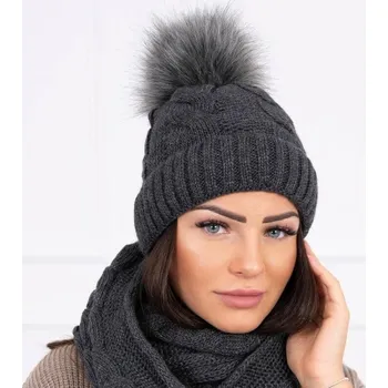 Rukavice Dámská čepice s bambulí - tmavě šedá