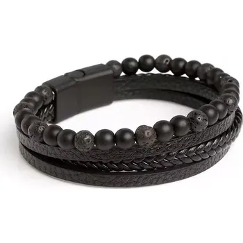 Náramek Joy-sperky Pánský náramek kožený vícevrstvý s korálky mix láva onyx Délka: 20,5 cm