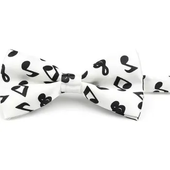 Motýlek v bílé barvě s černými notami a houslovými klíči