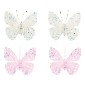 Motýlek s flitry a peřím, s lepíkem 6 cm, 4 ks