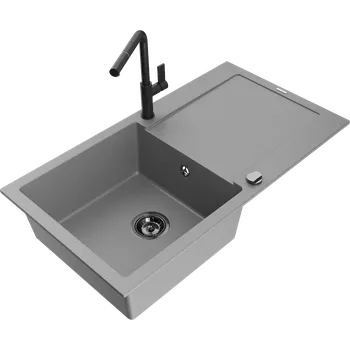 Granitový dřez Mexen Leo granitový dřez 1-komorový s odkapávačem a kuchyňskou baterií Flora, šedá - 6501-71-670401-70-B Granitové dřezy s baterií
