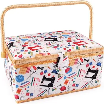 Organizér galanterie Kazeta / košík na šití čalouněný, krejčovský motiv